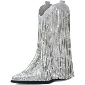 Women's Silver Rhinestone Mid Calf Cowgirl Boot With Star Studded Pointed Toe